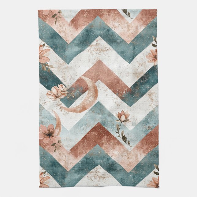 Rustic Moon Floral Chevron Earthy Pattern (5) Tea Towel (Vertical)