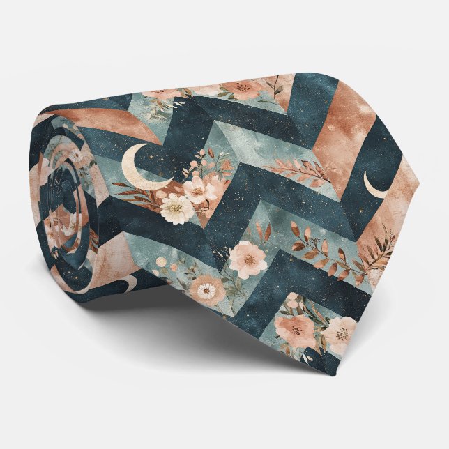 Rustic Moon Floral Chevron Earthy Pattern (6) Tie (Rolled)
