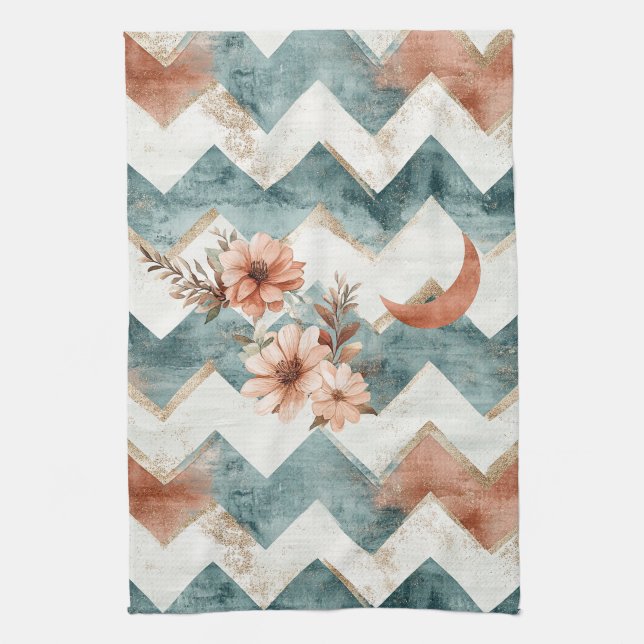 Rustic Moon Floral Chevron Earthy Pattern Tea Towel (Vertical)