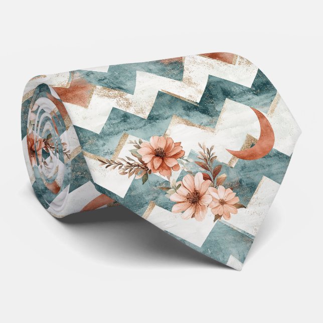 Rustic Moon Floral Chevron Earthy Pattern Tie (Rolled)