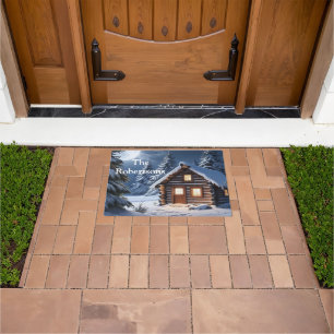 Rustic Moonlight Cozy Winter Cabin Door Mat