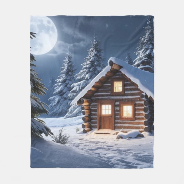 Rustic Moonlight Cozy Winter Cabin Fleece Blanket (Front)
