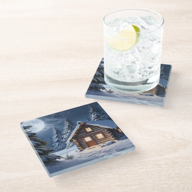 Rustic Moonlight Cozy Winter Cabin Glass Coaster (Angled)