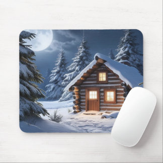 Rustic Moonlight Cozy Winter Cabin Mouse Pad