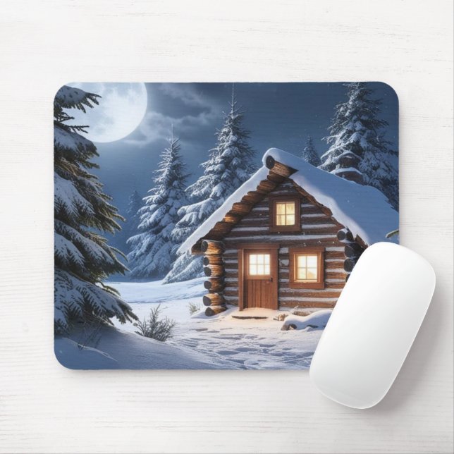 Rustic Moonlight Cozy Winter Cabin Mouse Pad (With Mouse)