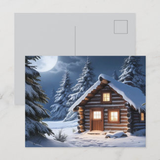 Rustic Moonlight Cozy Winter Cabin Postcard