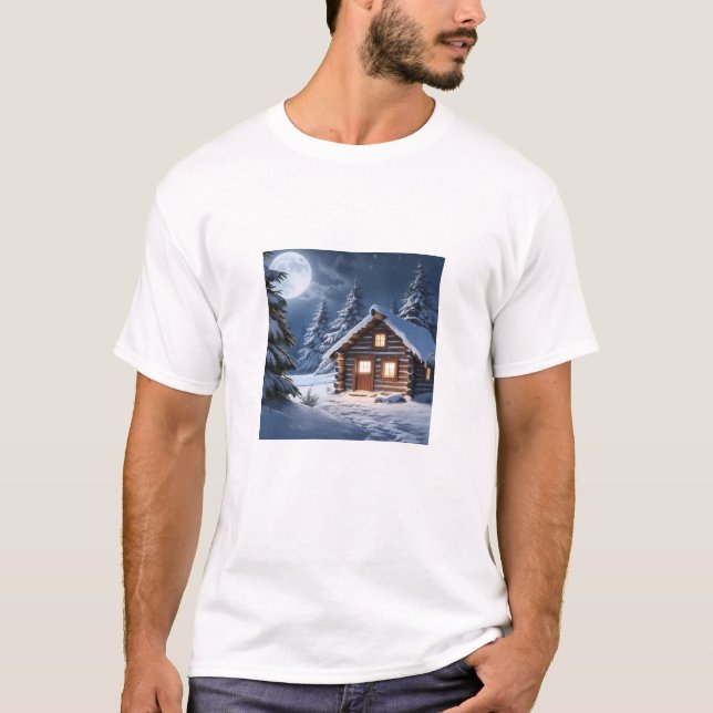 Rustic Moonlight Cozy Winter Cabin T-Shirt (Front)