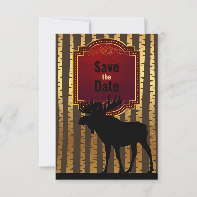 Rustic Moose and Golden Aspen Trees Wedding Save The Date (Front)
