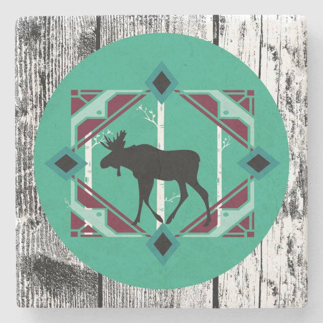 RUSTIC MOOSE BACKGROUND  STONE COASTER (Front)