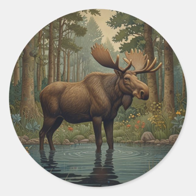 Rustic moose boho woodland forest greenery  classic round sticker (Front)