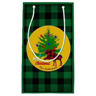 Rustic Moose, Christmas Tree, Family name, Plaid Small Gift Bag