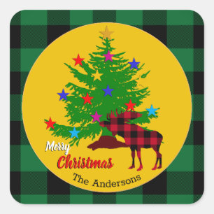 Rustic Moose, Christmas Tree, Family name, Plaid Square Sticker