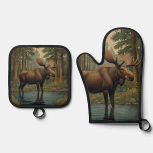 Rustic moose deer boho woodland forest greenery oven mitt & pot holder set