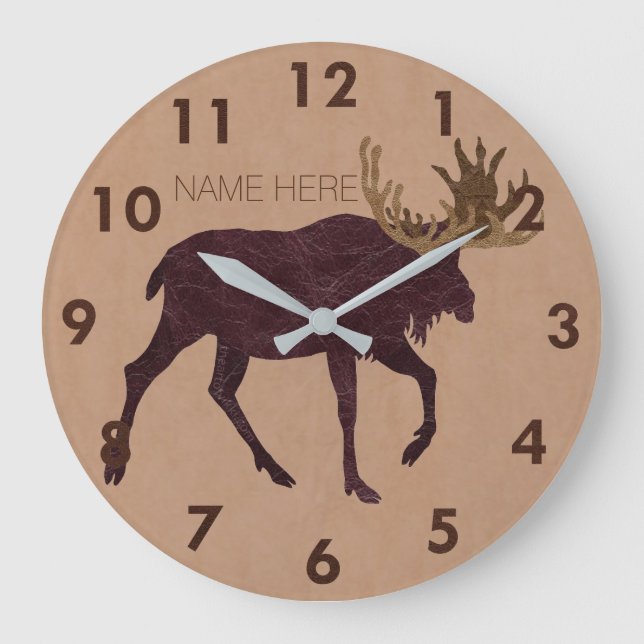 Rustic Moose Faux Leather-Look Name Large Clock (Front)