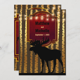 Rustic Moose, Gold Aspen Trees and Lights Wedding Invitation