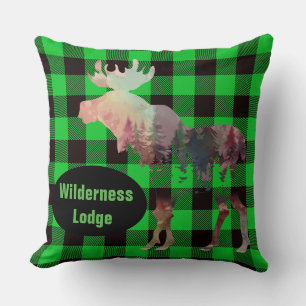 Rustic Moose Green Plaid Add Name Throw Pillow
