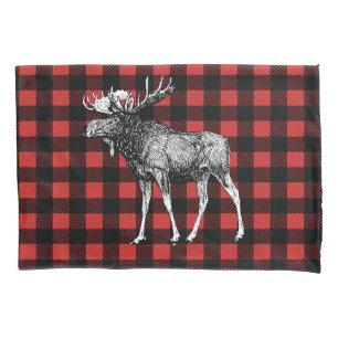 Rustic Moose Red & Black Buffalo Lumberjack Plaid Pillowcase