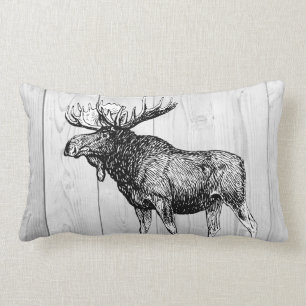 Rustic Moose Sketch and Laurels White Wood Planks Lumbar Cushion