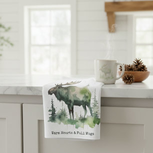 Rustic Moose "Warm Hearts & Full Mugs" custom Tea Towel