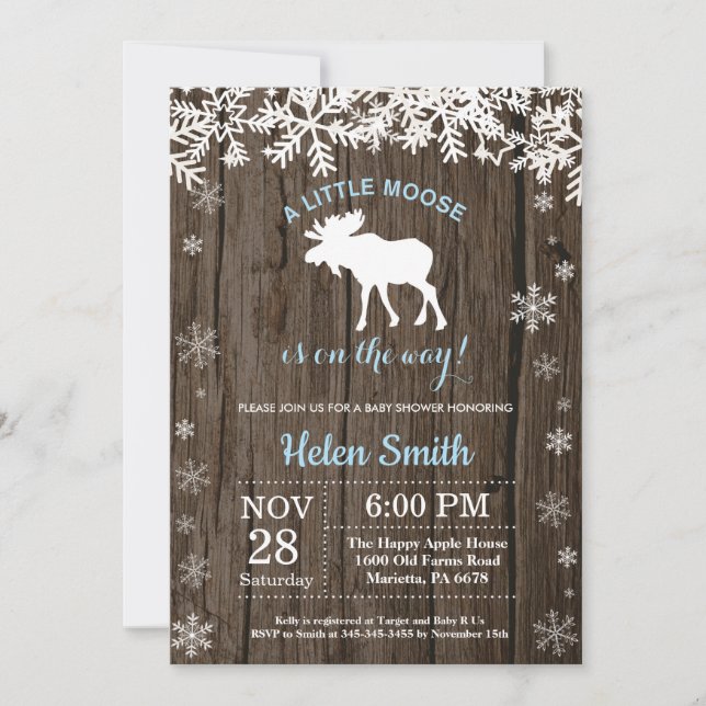 Rustic Moose Winter Snowflake Boy Baby Shower Invitation (Front)