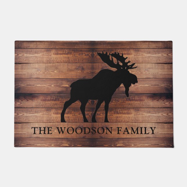 Rustic Moose Wood Personalised Family Name  Doormat (Front)