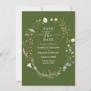 Rustic Moss Green Boho Wildflower Save The Date Invitation