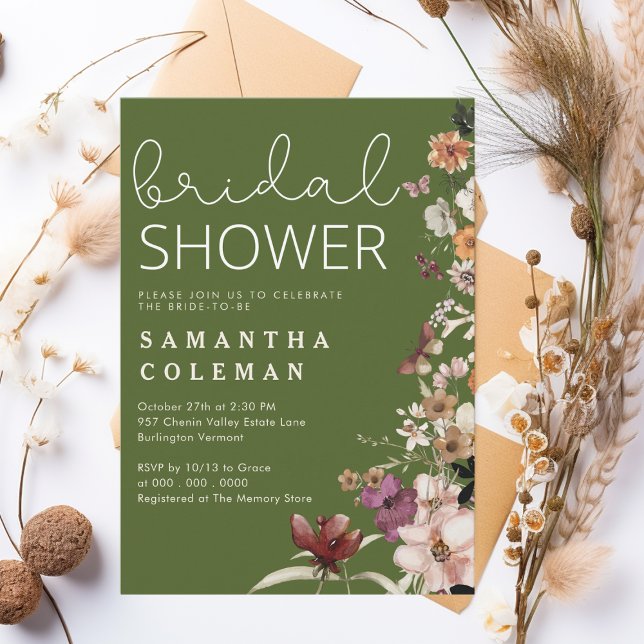 Rustic Moss Green Boho Wildfolwer Bridal Shower Invitation (Creator Uploaded)