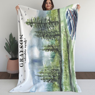 Rustic Mountain Adventure with Boat + Custom Name Fleece Blanket