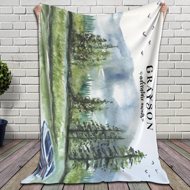 Rustic Mountain Adventure with Boat + Custom Name  Sherpa Blanket (Creator Uploaded)