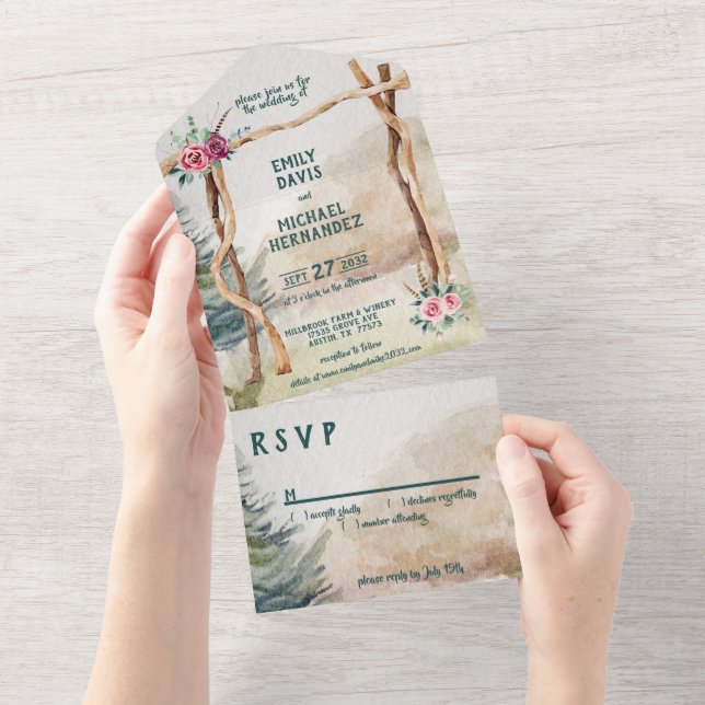 Rustic Mountain Arbor Evergreen Wedding  All In One Invitation (Tearaway)