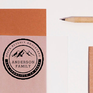 Rustic Mountain Badge Family Name & Return Address Rubber Stamp