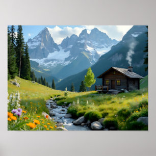 Rustic Mountain Cabin Landscape Wilderness Log Poster