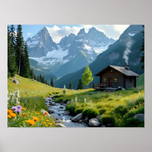 Rustic Mountain Cabin Landscape Wilderness Log Poster (Front)