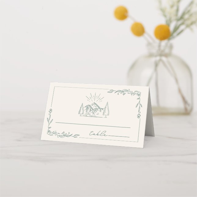 Rustic Mountain Emerald Line Art Wedding Place Card (Front)
