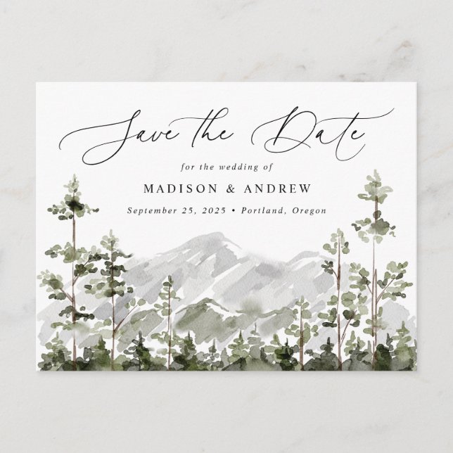 Rustic Mountain Evergreen Forest Save the Date Announcement Postcard (Front)