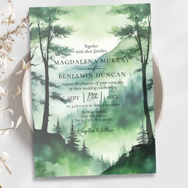 Rustic Mountain Evergreen Pine Fir Trees Wedding Invitation (Creator Uploaded)