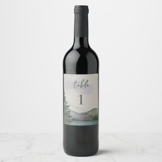 Rustic Mountain Evergreen Wedding Table Number Wine Label (Front)