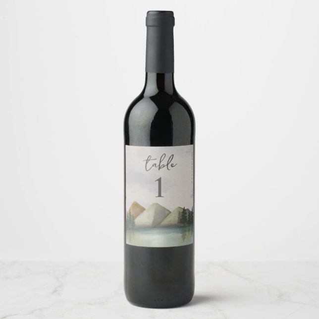 Rustic Mountain Evergreen Wedding Table Number Wine Label (Front)