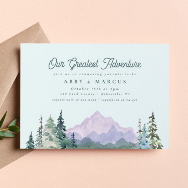Rustic Mountain Forest Adventure Green Baby Shower Invitation (Creator Uploaded)
