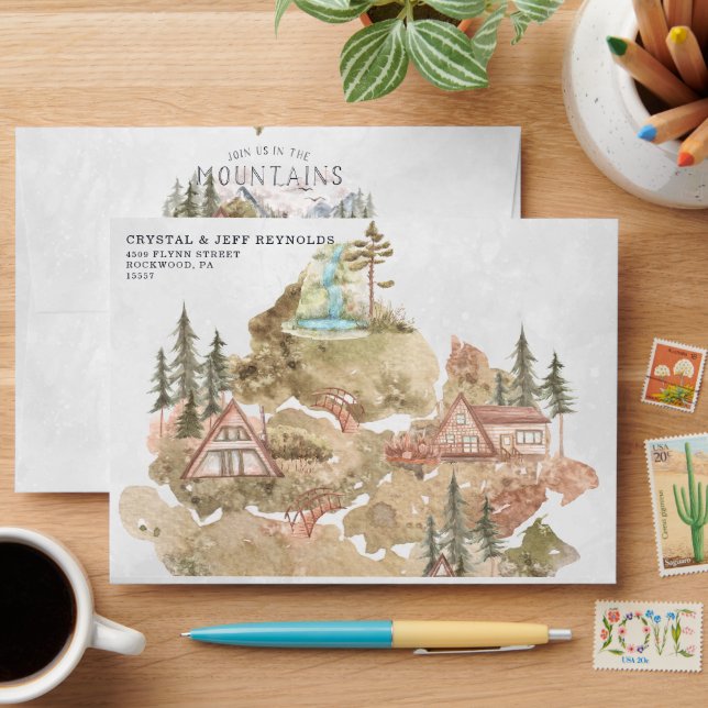 Rustic Mountain Forest Camping Map Wedding Envelope (Desk)