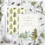 Rustic Mountain Forest Christmas Save the Date<br><div class="desc">This rustic, mountain forest Christmas Holiday Save the Date invitation features a beautiful watercolor scene of a tree edged lake with snow-capped mountains behind, on a faux birch bark background. The back of the invitation features evergreen pine trees scattered over the birch bark, to complete the look. Copyright Elegant Invites,...</div>