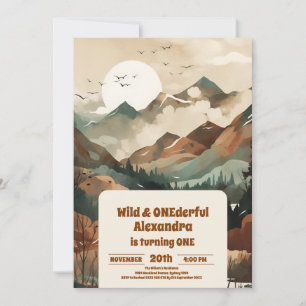 Rustic Mountain Forest Evergreen 1st Birthday Invitation