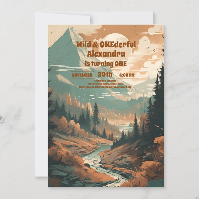 Rustic Mountain Forest Evergreen 1st Birthday Invitation (Front)