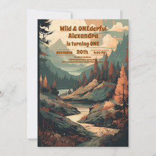 Rustic Mountain Forest Evergreen 1st Birthday Invitation