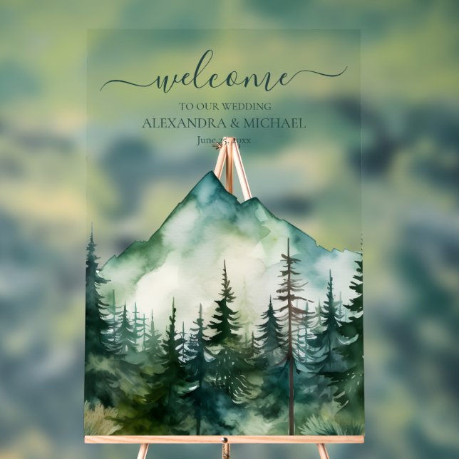 Rustic Mountain Forest Evergreen Tree Wedding Acrylic Sign (Neutral)