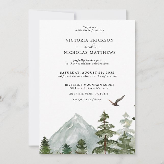 Rustic Mountain Forest Evergreen Tree Wedding Invitation (Front)