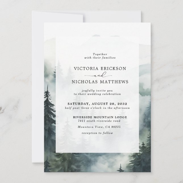 Rustic Mountain Forest Evergreen Tree Wedding Invitation (Front)