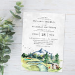 Rustic Mountain Forest Evergreen Tree Wedding  Invitation<br><div class="desc">Design features an elegant watercolor mountain view, a charming canoe at the base of the river and a beautiful floral bouquet with modern, elegant fonts. These designs can be personalised for your special occasion and would be perfect for your wedding, bridal shower, engagement party, birthday party and many more special...</div>