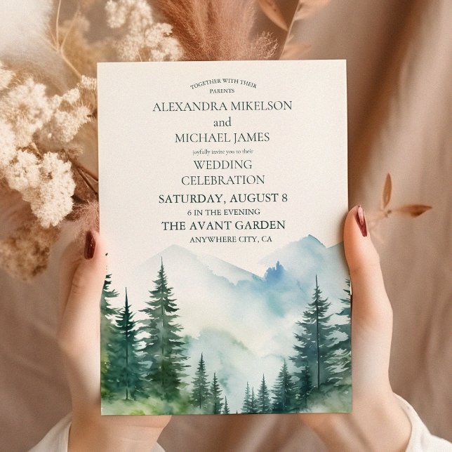 Rustic Mountain Forest Evergreen Tree Wedding Invitation (Creator Uploaded)