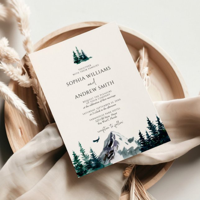 Rustic Mountain Forest Evergreen Tree Wedding Invitation (Creator Uploaded)